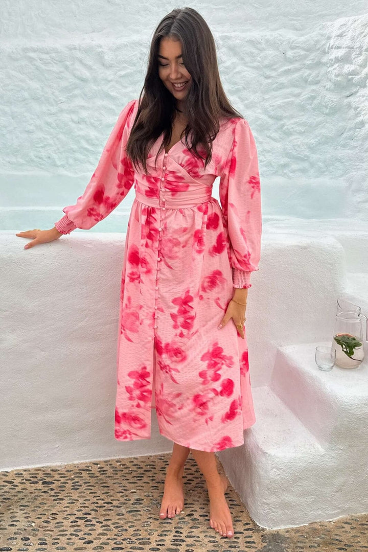 Forudbestilling - BYIC - Adelic Long Dress - apfp Abstract Pink Flower Print Kjoler