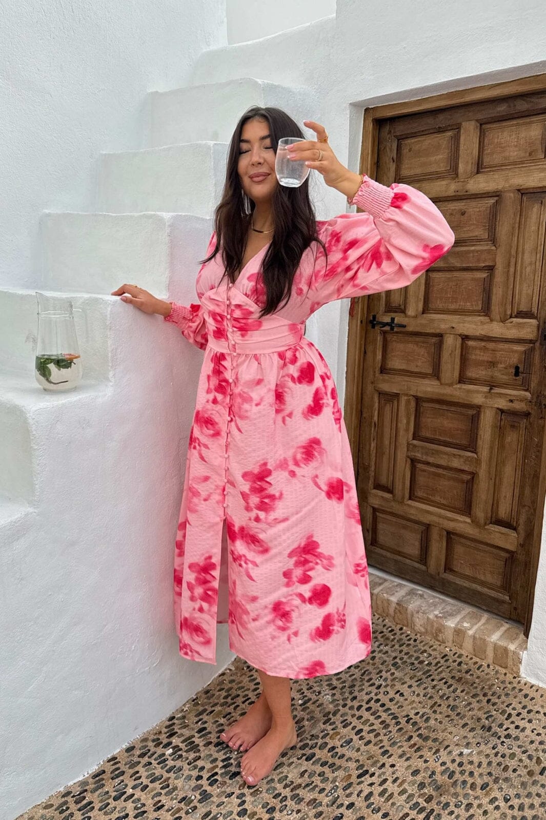 Forudbestilling - BYIC - Adelic Long Dress - apfp Abstract Pink Flower Print Kjoler