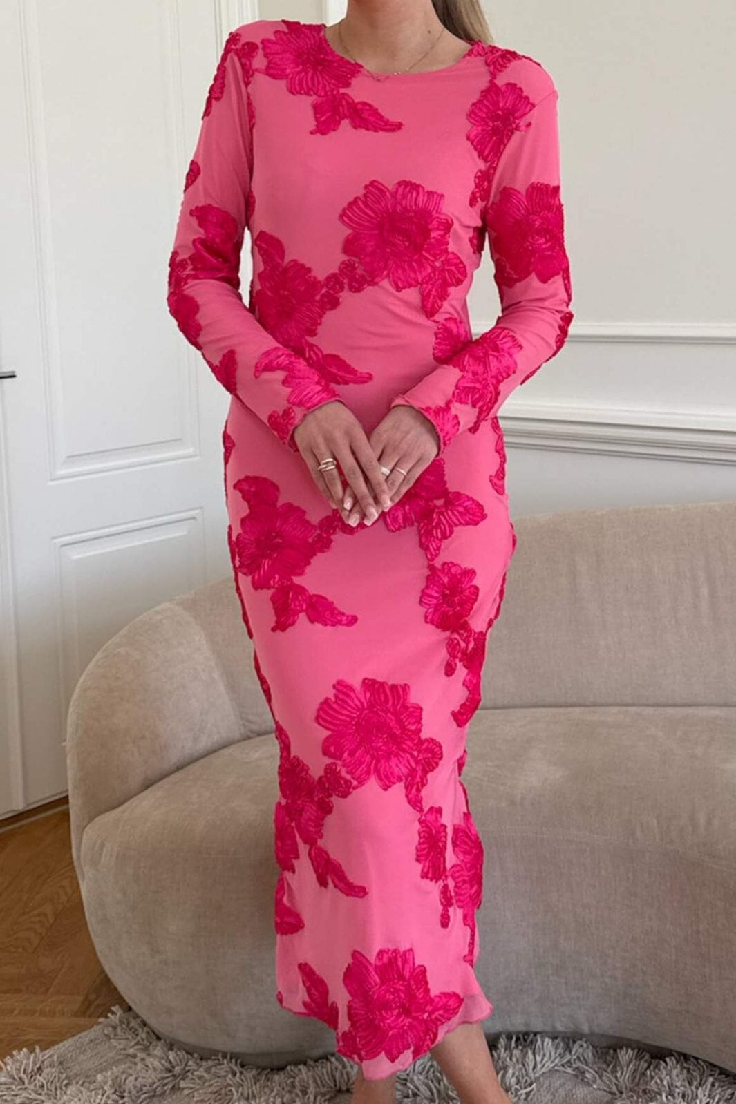 BYIC - Eliseic Mesh Dress A23914 - Fuchsia Pink Flower