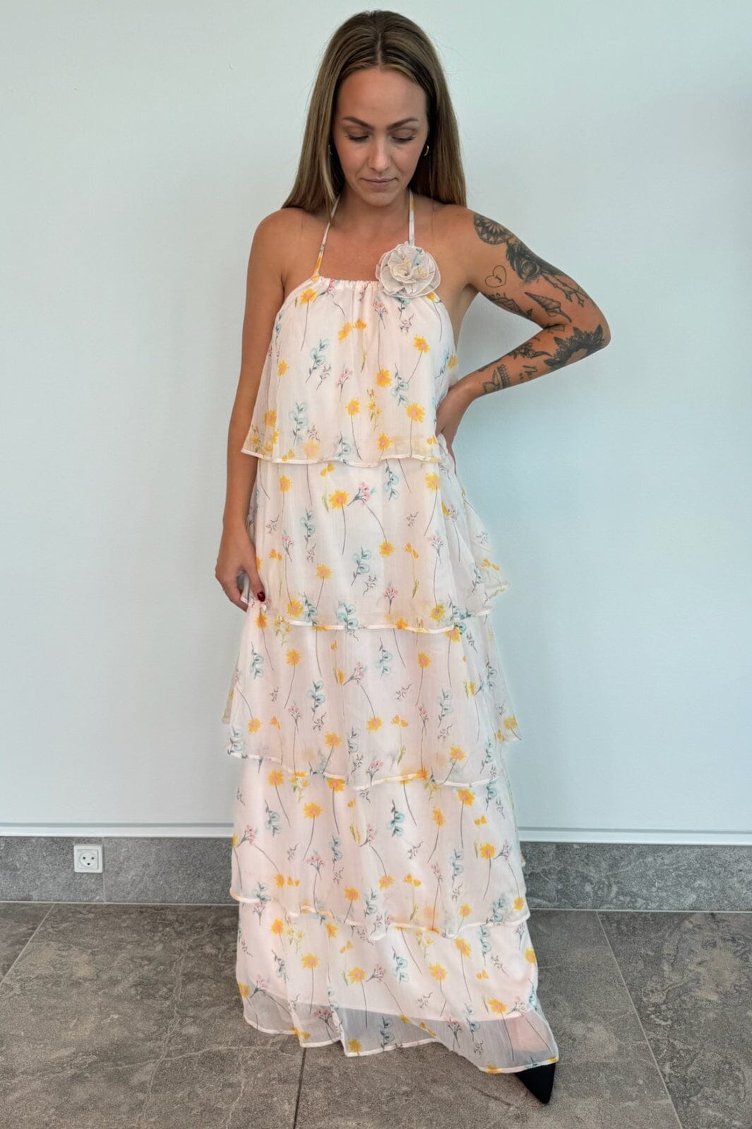 Forudbestilling - Pieces - Pcclara Sl Long Layred Dress Kca - 4785295 Barely Pink Flowers Kjoler