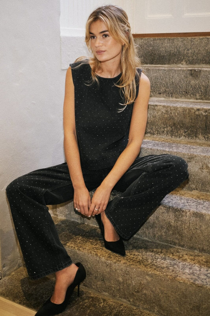 Neo Noir - Rissa Bedazzled Denim Top 164461 - 100 - Black Toppe