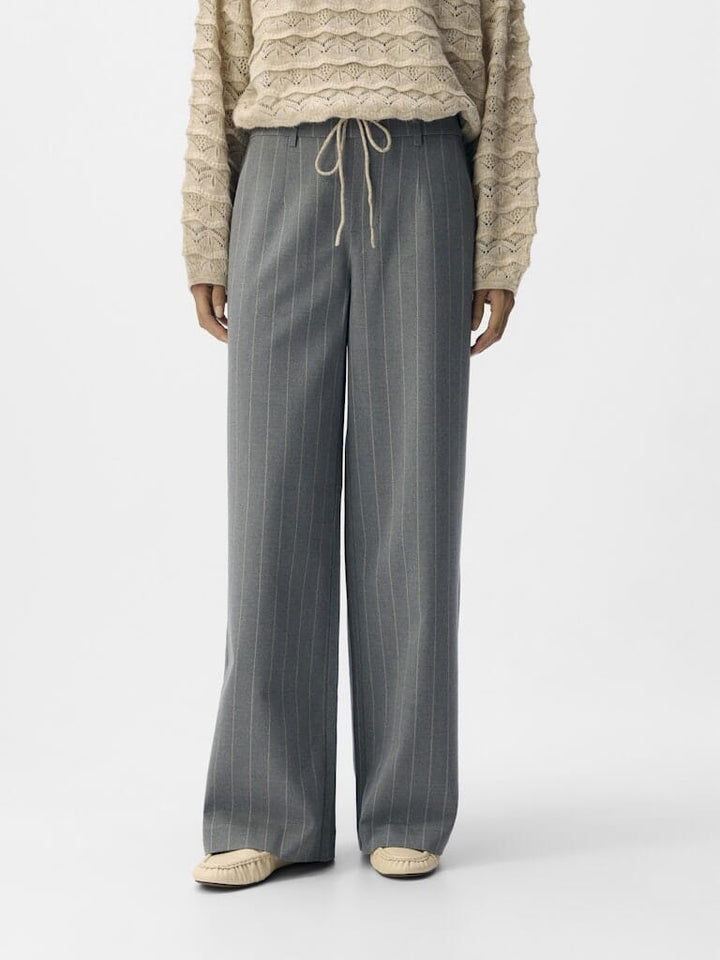 Object - Objlisa Wide Pant - 4800477 Medium Grey Melange Humus Pinstripe Bukser