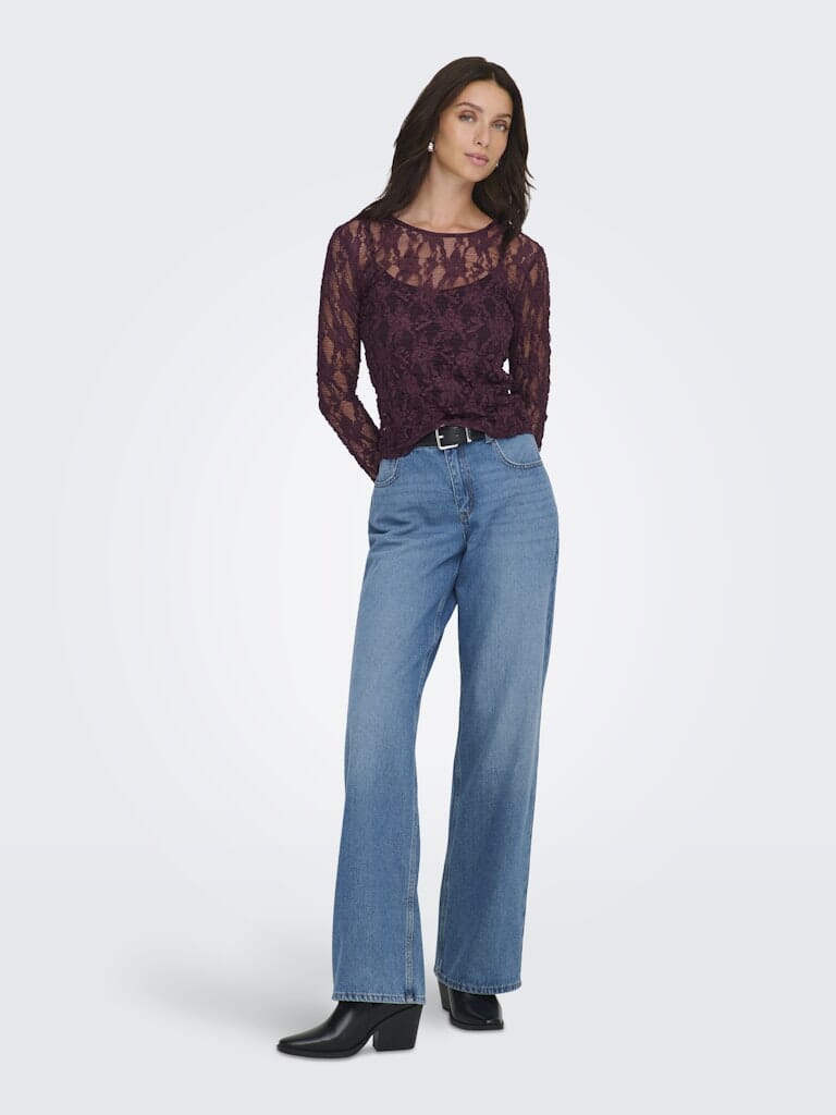 Only - Onlalba L/S Lace Top - 4907618 Decadent Chocolate Bluser