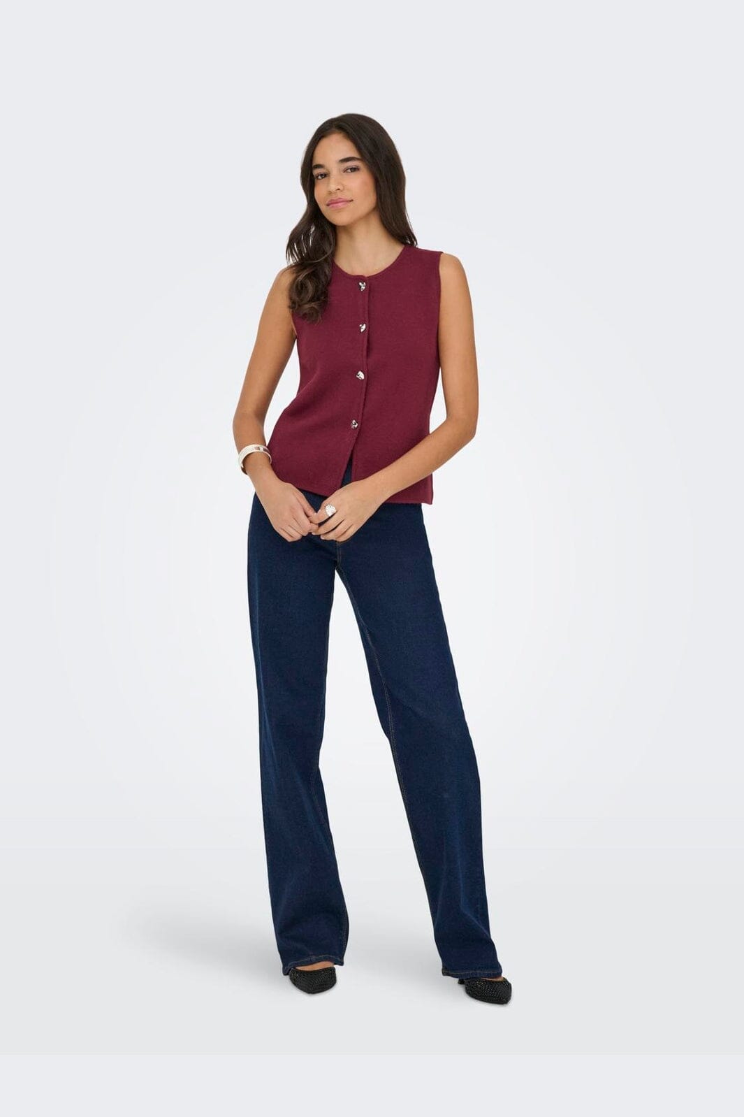 Only - Onlibi Button Sl Vest Cc Knt - 4947078 Zinfandel Silver Button