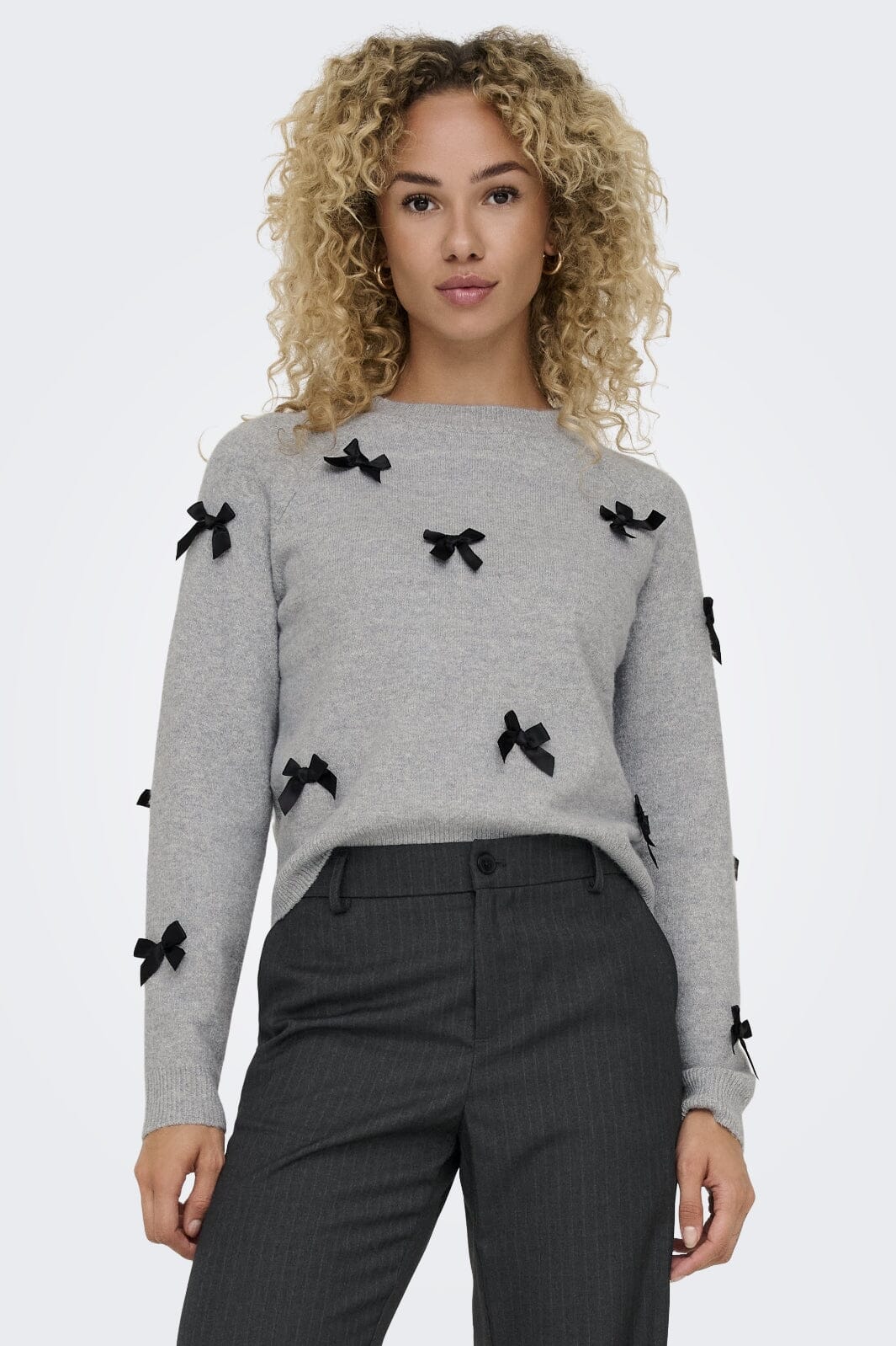 Only - Onlnoelle Life Ls Bow Pullover Knt - 4726981 Light Grey Melange W. Black Bows Strikbluser