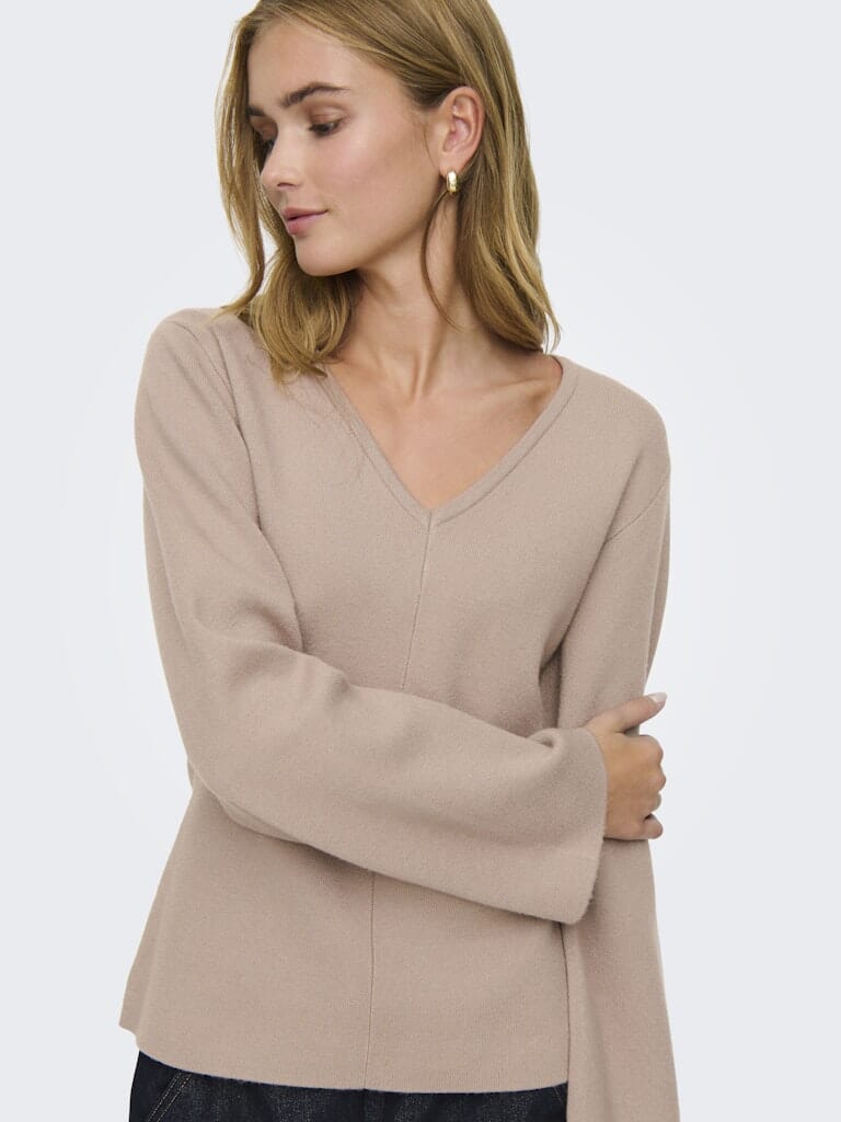 Only - Onlviola Ls Fit V-Neck Knt - 4967667 Mocha Meringue Strikbluser
