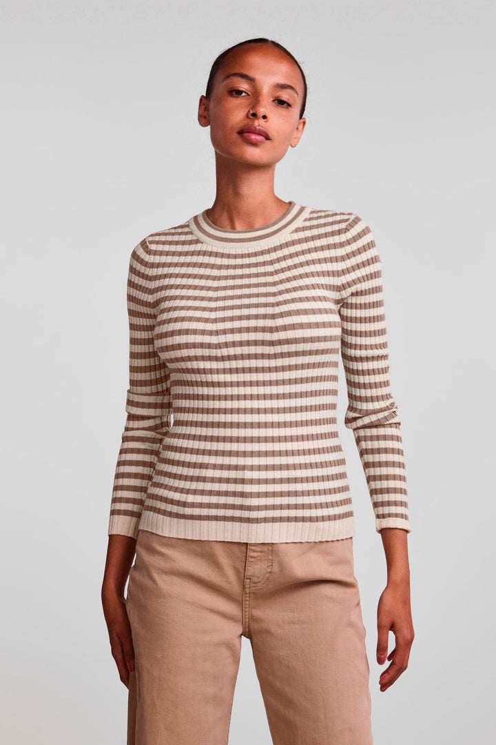 Pieces - Pccrista Ls O Neck Knit Noos Bc - Fossil/With Brich Bluser