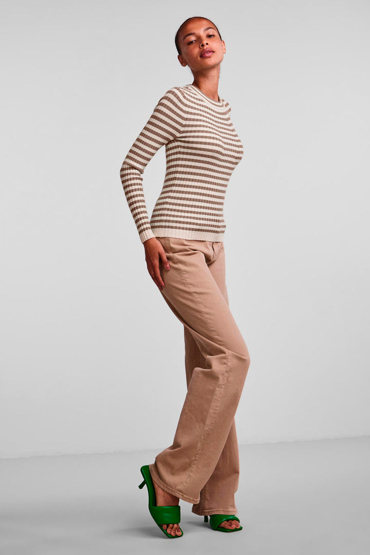 Pieces - Pccrista Ls O Neck Knit Noos Bc - Fossil/With Brich Bluser