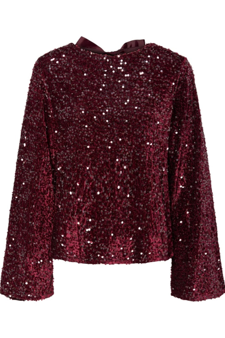 Pieces - Pckam Ls Deep Back Bow Top - 4859165 Tawny Port Tawney Port Sequins Bluser