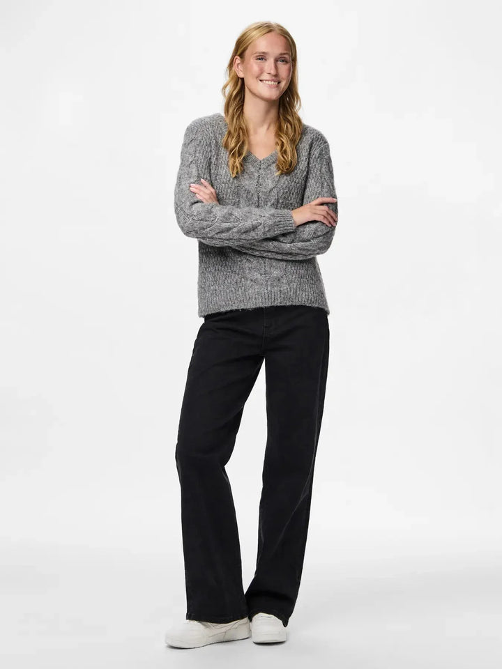 Pieces - Pcnina Ls V-Neck Knit - 4799696 Medium Grey Melange Strikbluser