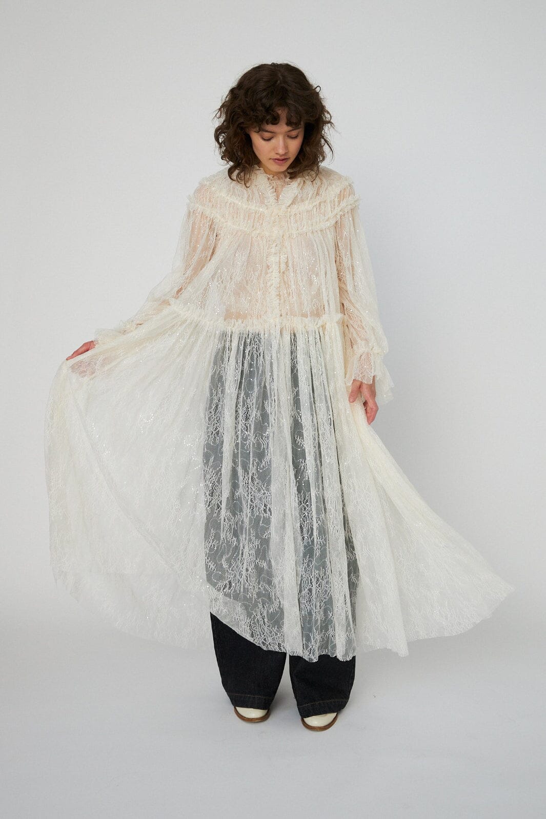 Stella Nova - Sheer Lace Maxi Cape Dressls54-4306 - 029 Creme Kjoler