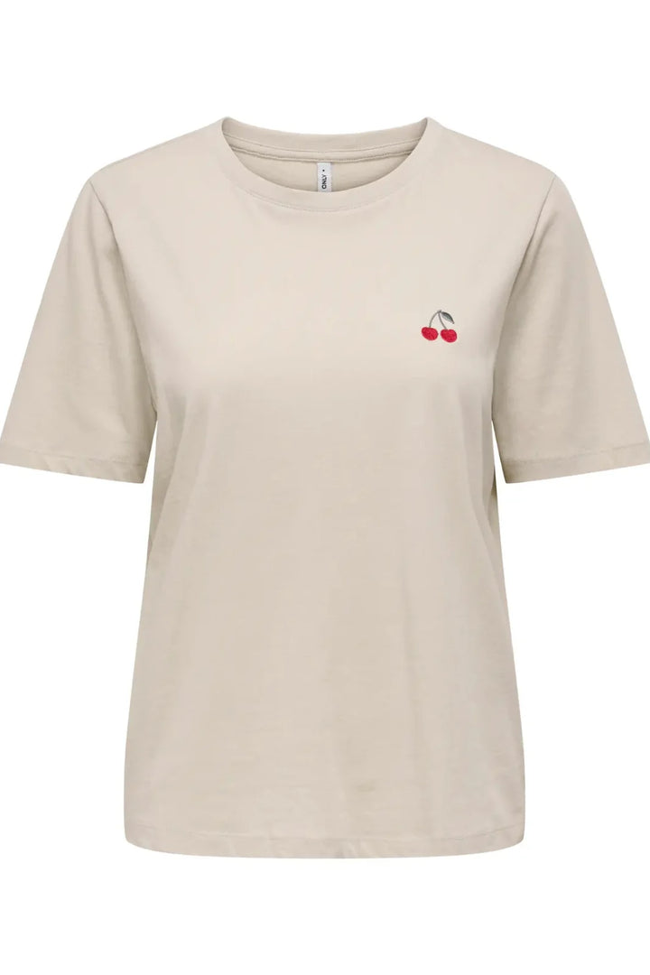 Only - Onlhappy Life S/S Emb Top - 5030076 Oatmeal Cherry Emb