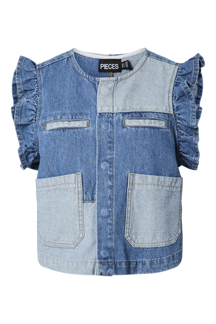 Pieces - Pcfie Flounce Patchwork Denim Vest - 4777026 Dark Blue Denim