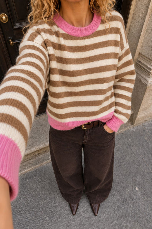 A-Bee - Savannah W6038 - Camel / Cream Stripe, Pink Trim Strikbluser 