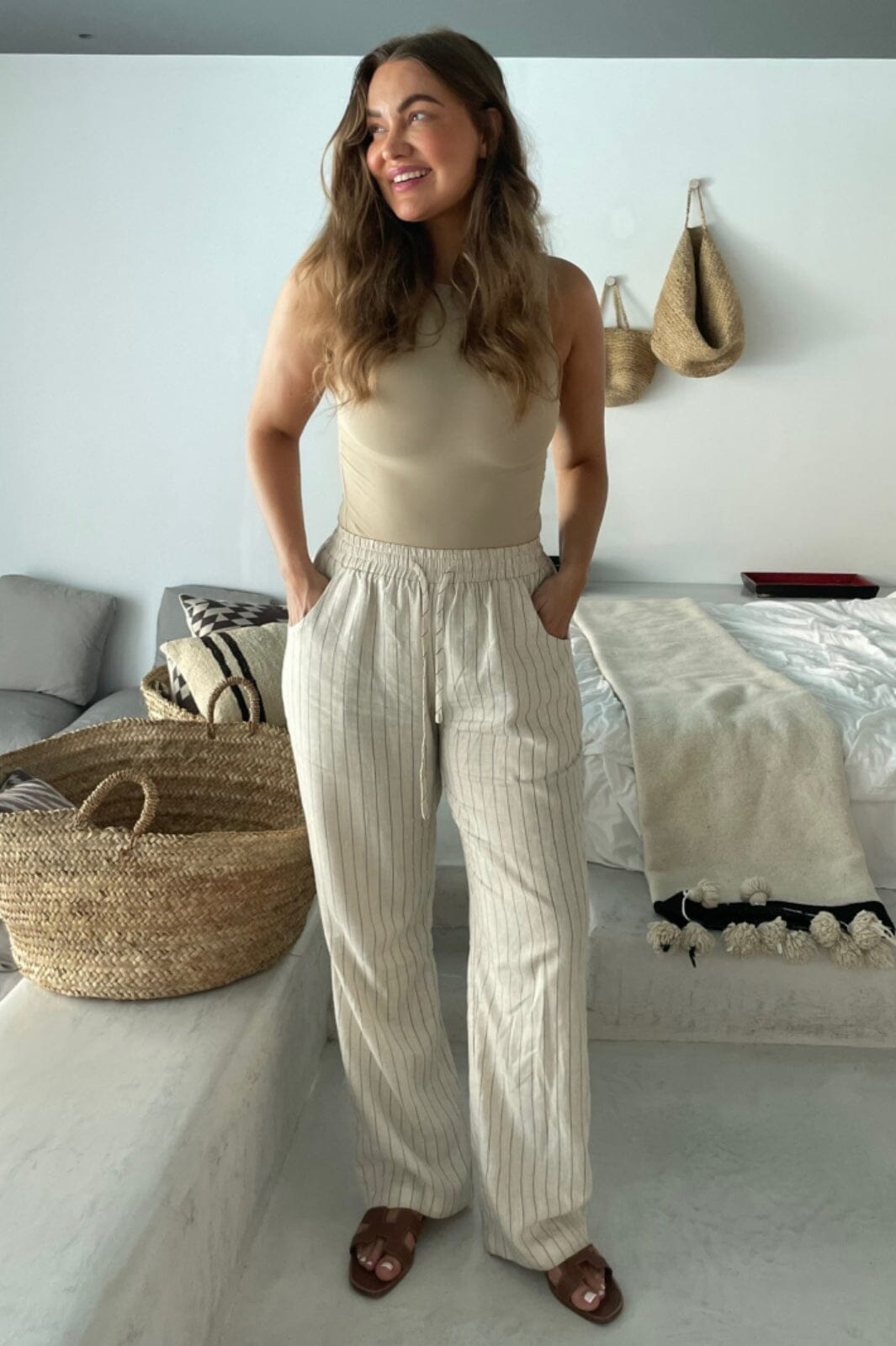 BYIC - Hannah Pants Linen Pinstripe - Beige