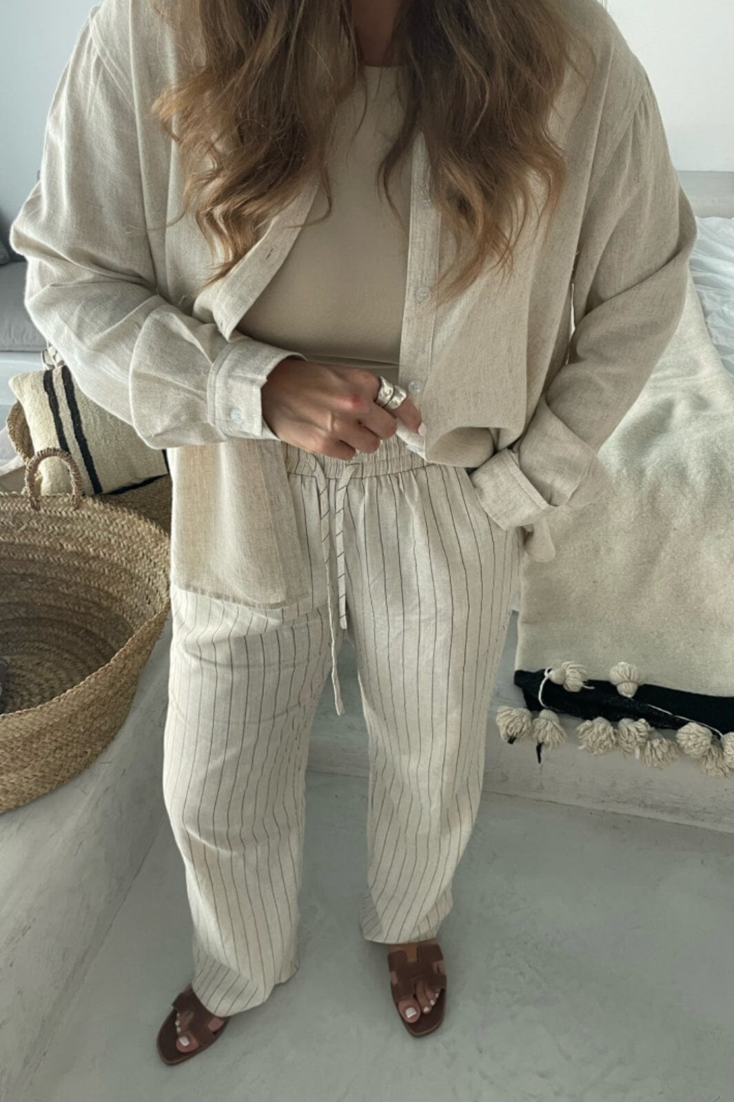 BYIC - Hannah Pants Linen Pinstripe - Beige