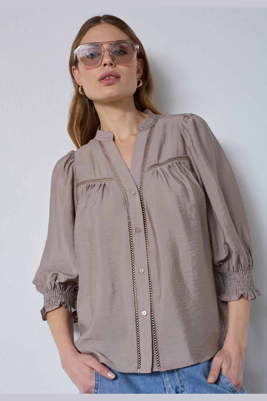 Co´Couture - Callumcc Lace Puff V-Shirt 45173 - 2006 - Taupe