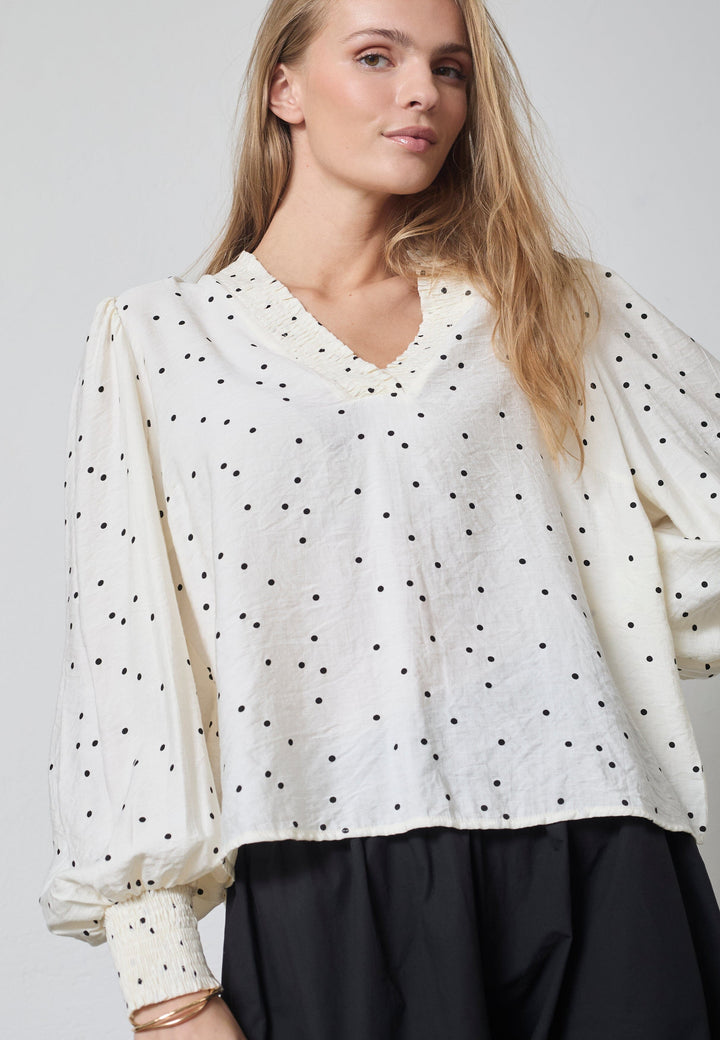 Co´Couture - Diemcc Dot V-Blouse 45062 - 1196 - Offwhite-Black Bluser 