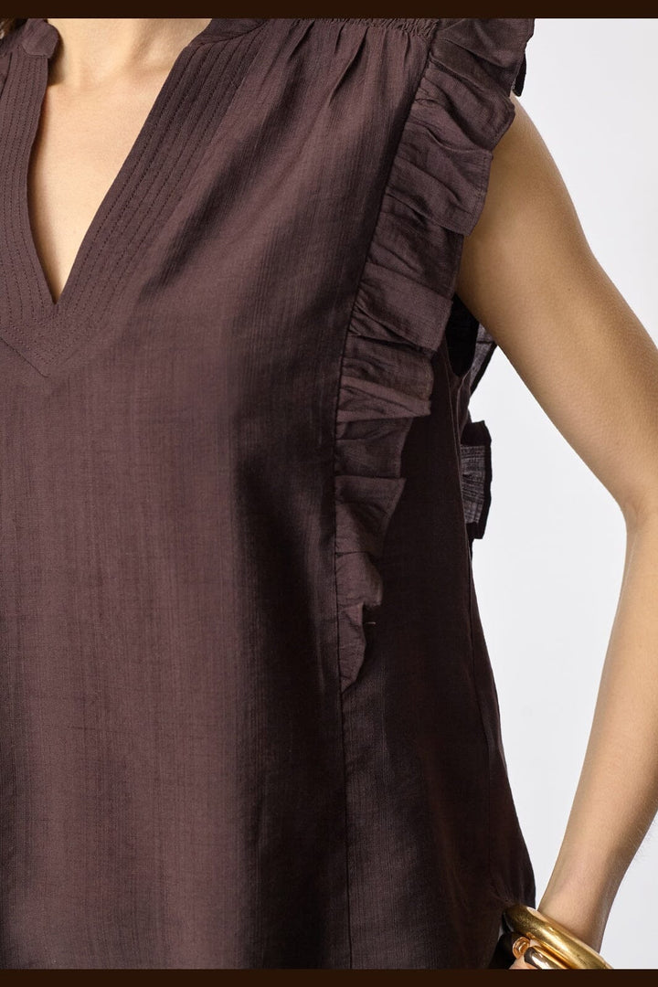 Co´Couture - Heracc Frill Ss V-Top 45165 - 145 - Dark Brown