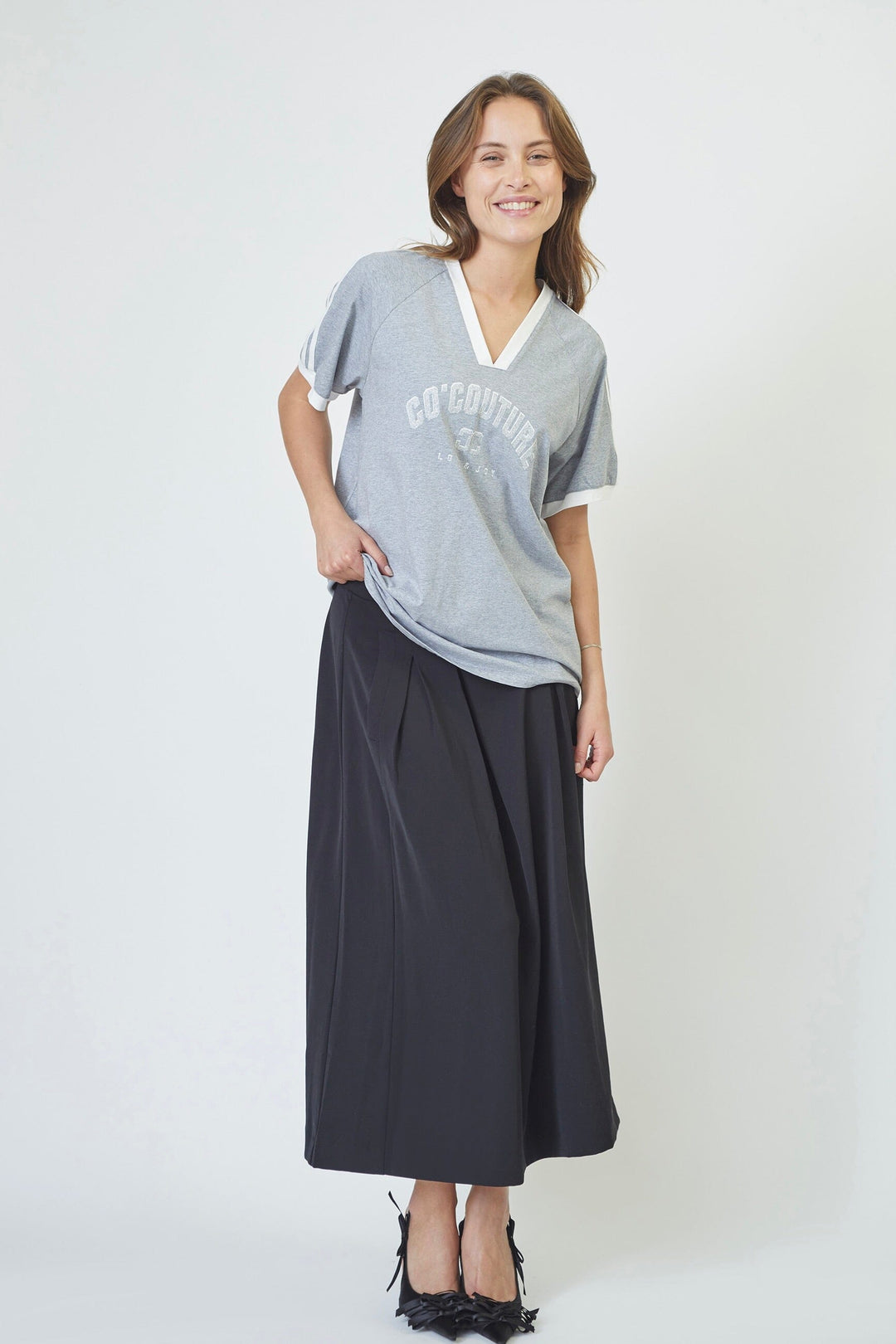 Co´Couture - Siaracc Oversize Sporty V-Tee 33140 - 57011 - Greymelangeoffwhite T-shirts 