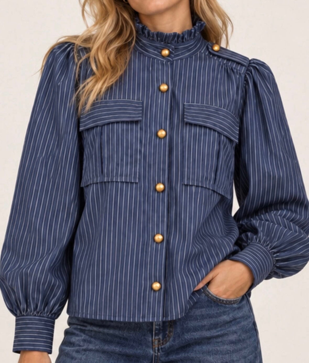 Continue - Mili Stripe Gold Buttons 15417 - Navy Blue Stripe Bluser 