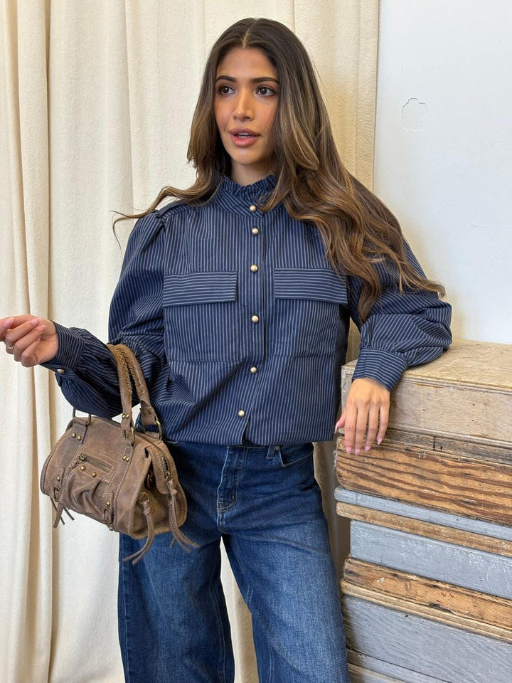 Continue - Mili Stripe Gold Buttons 15417 - Navy Blue Stripe Bluser 