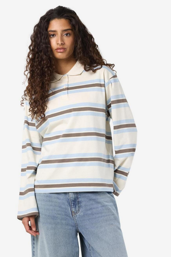 Noisy May - Nmaura L/S Striped Polo Shirt - 4959518 Birch Morel - Cashmere Blue