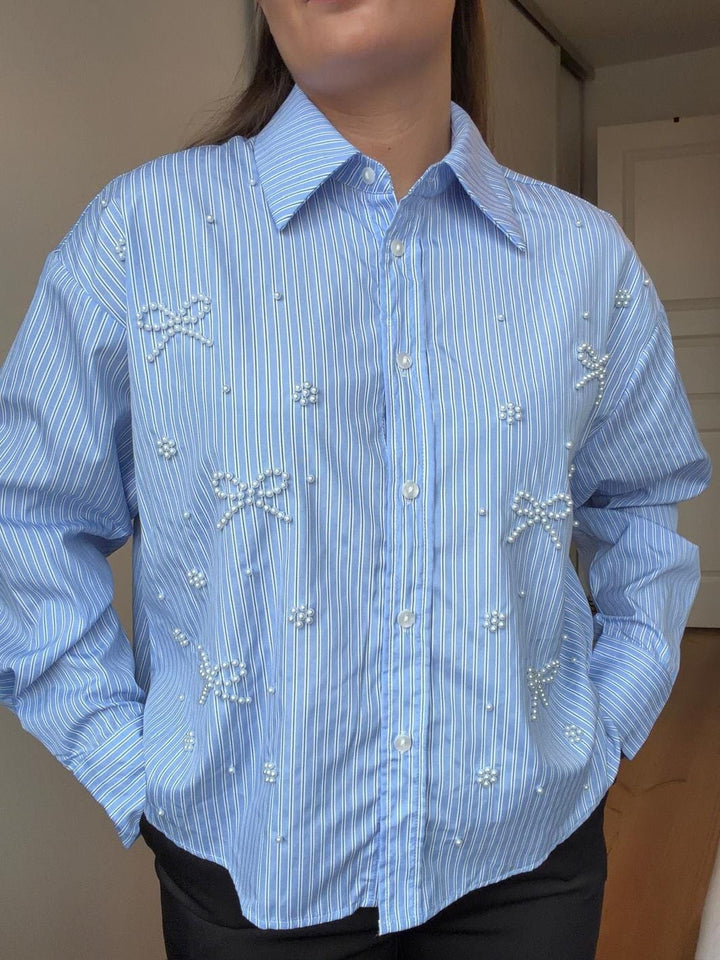 Dear Molly - Pearl Bow Shirt 160786C - Blue W.black Strip Bluser 