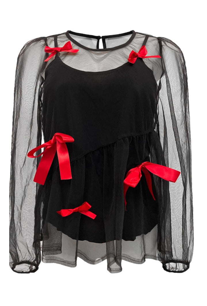 Liberte - Tulle-Ls-Bow-Blouse 22126 - Black Red Bow