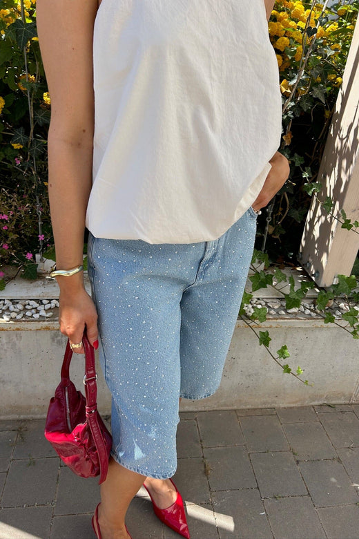 Forudbestilling - Pieces - Pcnoel Denim Jorts Pp - 4936543 Light Blue Denim Rhine Stones Shorts 