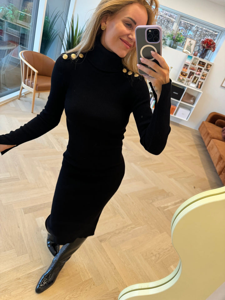 Valentin Studio - Gold Button Knit Roll Dress - Black
