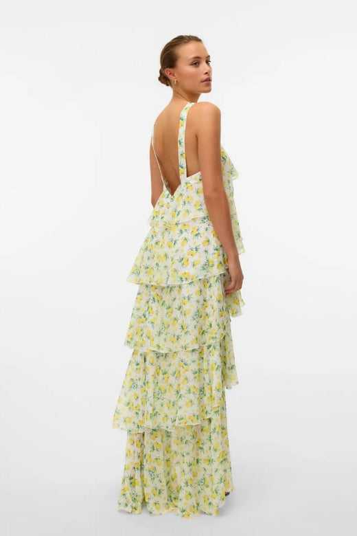 Forudbestilling - Vero Moda - Vmfelicia Sl Ruffle Maxi Dress - 4783970 Star White Lemon Aop