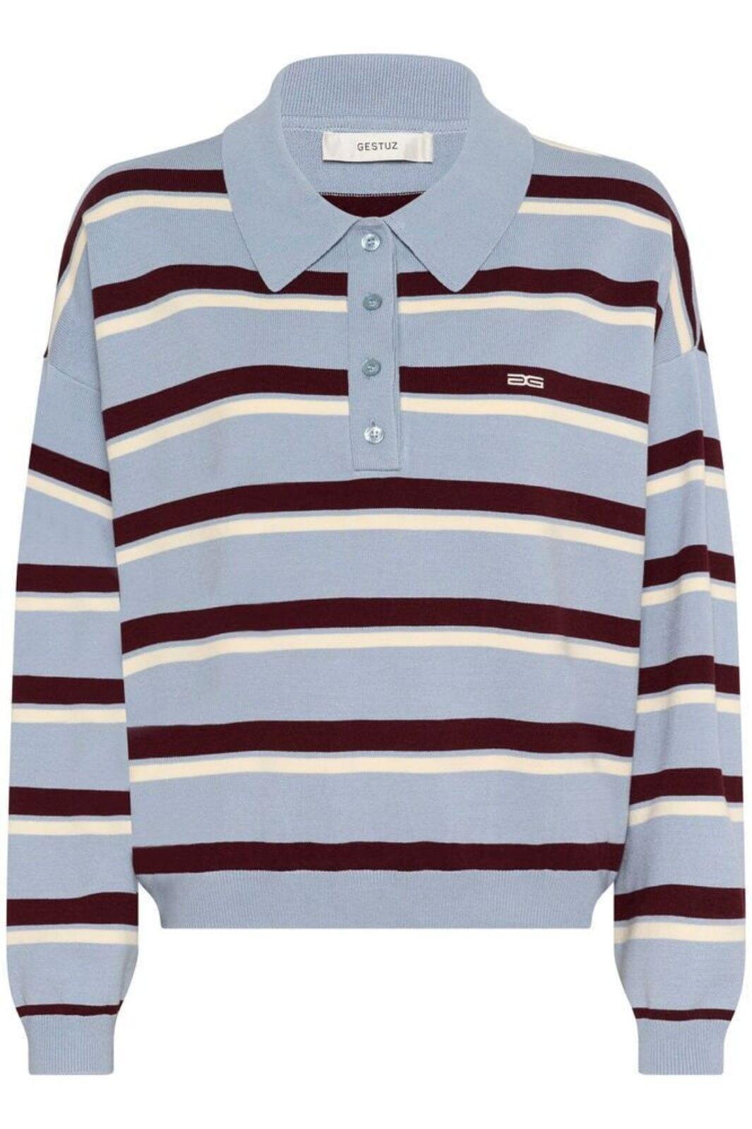 Forudbestilling - Gestuz - Gztaia Polo Pullover 10910693 - 108877 - Grey Blue/Aronia/Egret Strikbluser 