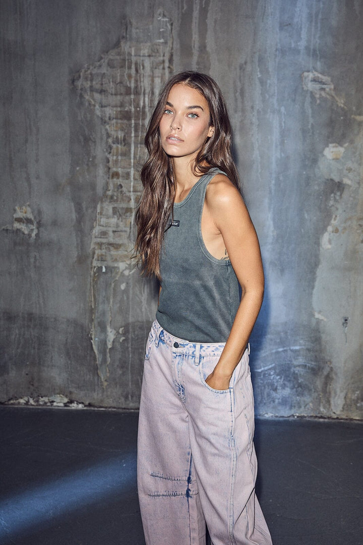 Haute L'Amitié - Acid Rib Badge Tank HL10510 - Black Acid Wash T-shirts 