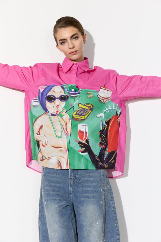 Hunkøn - Tiana Shirt 26711 - Cocktails With Cats Art Print Skjorter 