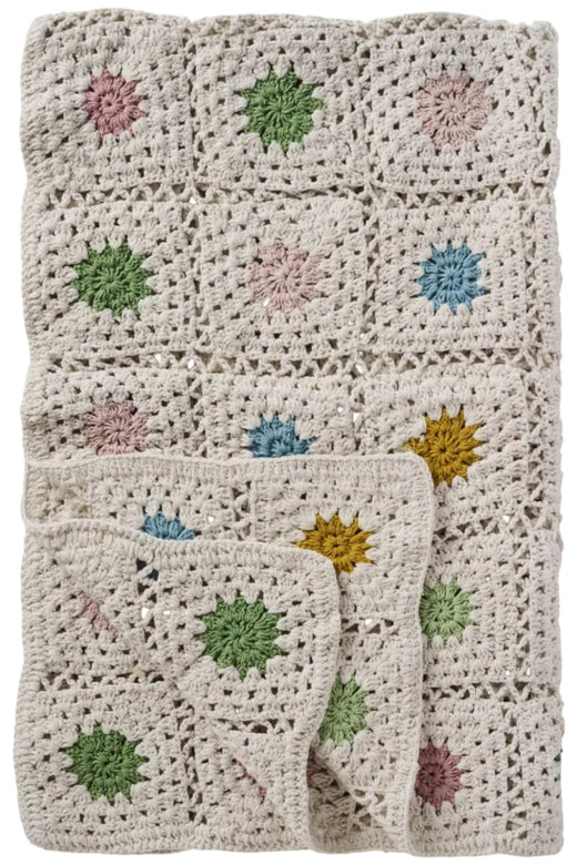 Ib Laursen - Plaid hæklet creme m/multifarvede blomster - 100% bomuld - 6193-01
