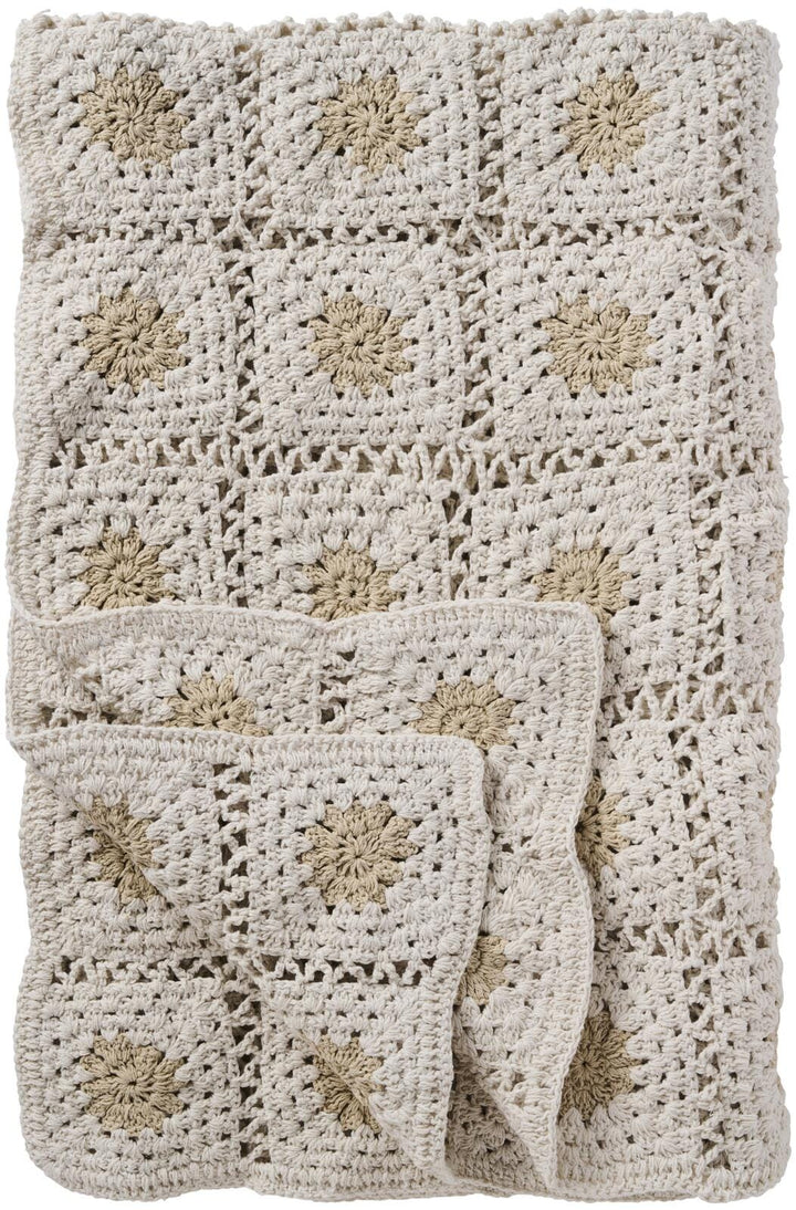 Ib Laursen - Plaid hæklet creme m/naturfarvede blomster - 100% bomuld - 6192-01