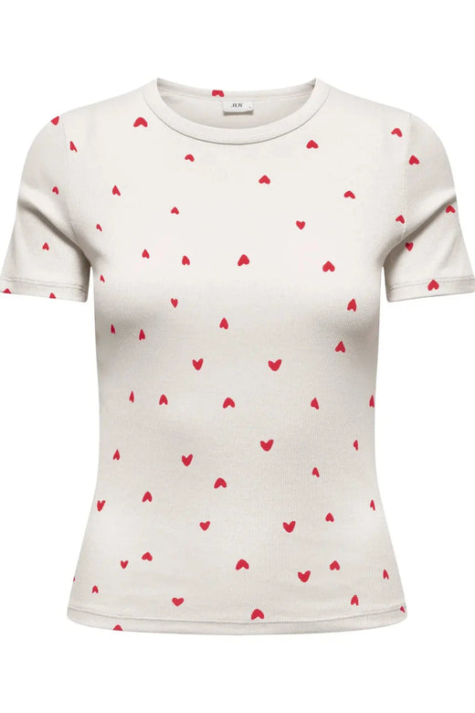 JDY - Jdylucky S/S O Neck Top - 5048814 Cloud Dancer Chinese Red Hearts T-shirts 