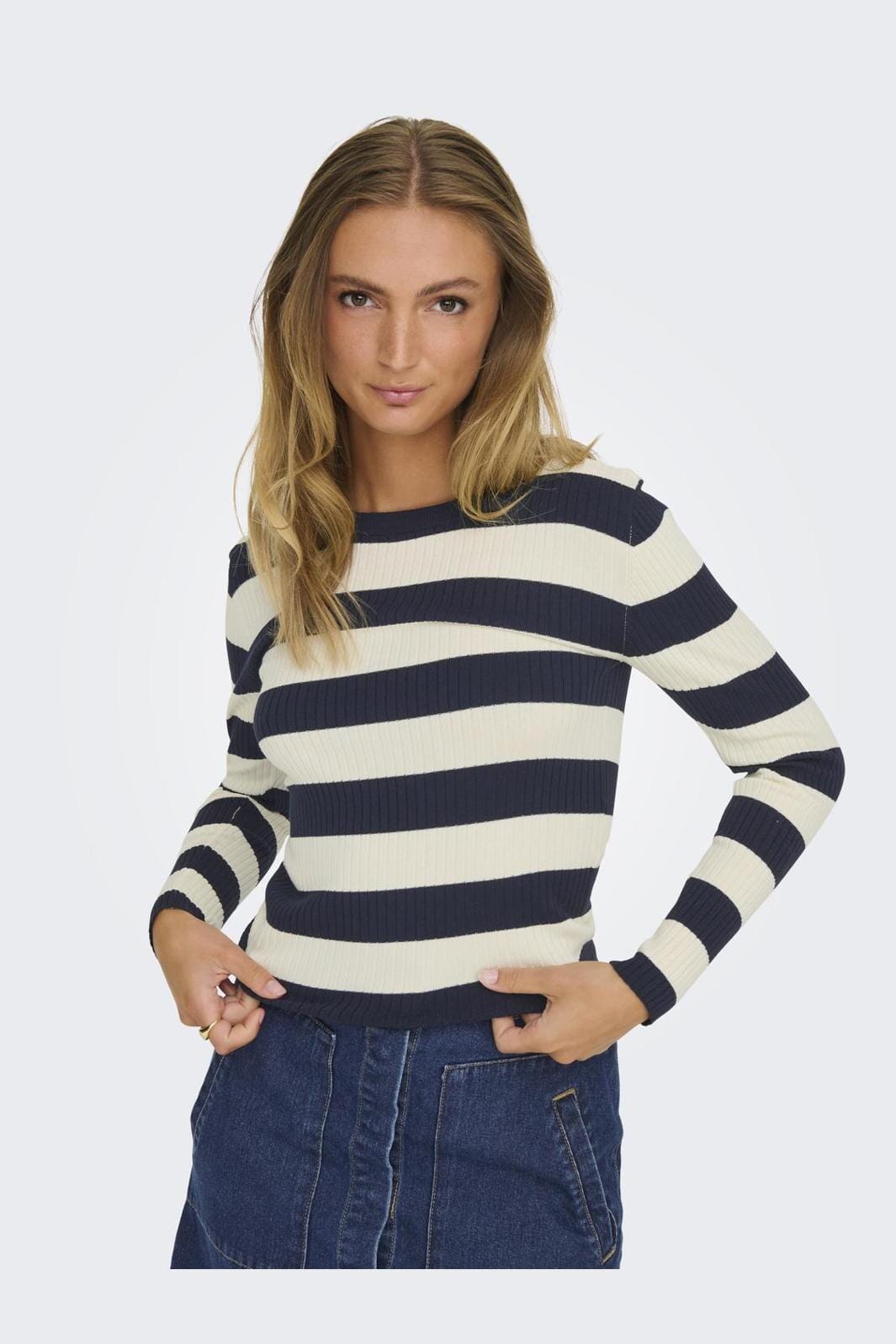 JDY - JDYplum L/S O-Neck Pullover Knt - 4338851 Sky Captain W Eggnog Stripes