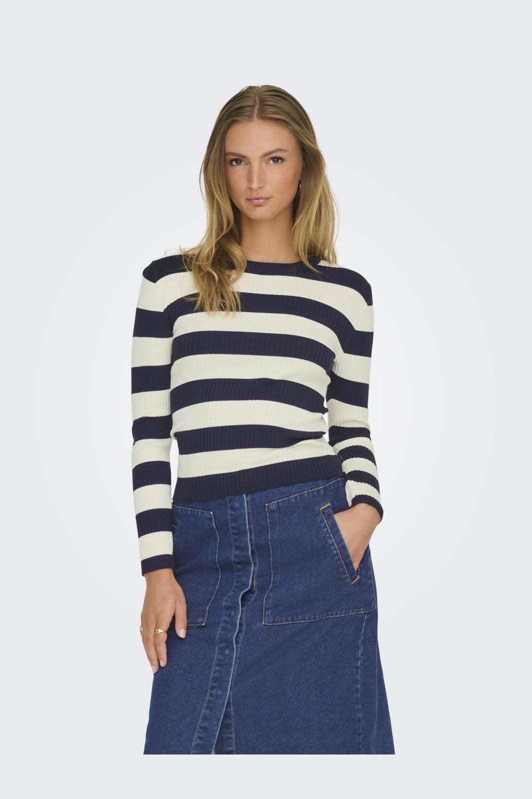 JDY - JDYplum L/S O-Neck Pullover Knt - 4338851 Sky Captain W Eggnog Stripes