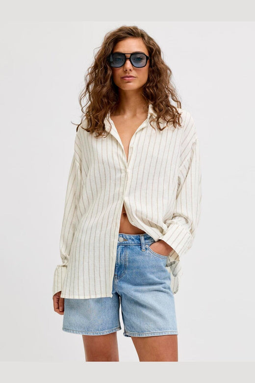 Jjxx - Jxalmira Linen Blend Ls Shirt Ln - 4919737 Blanc De Blanc Silver Mink