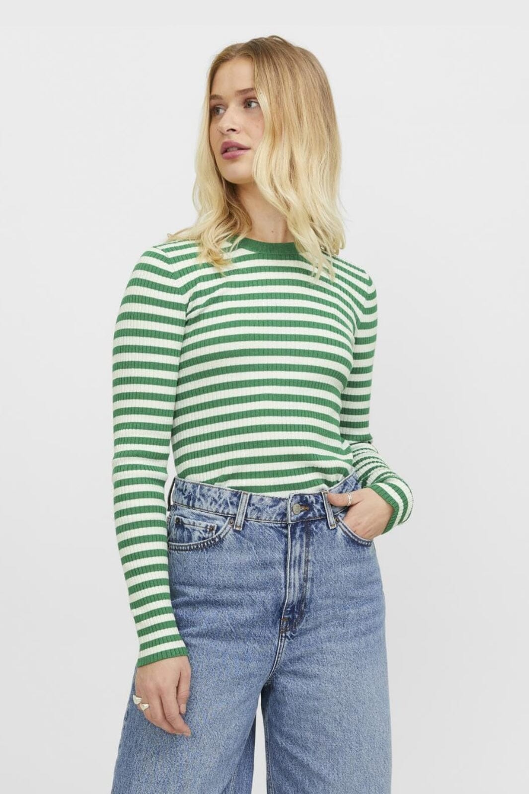 Jjxx - Jxjodi Tight Stripe Crew Neck Knit - 4412396 Medium Green /Cloud Dancer