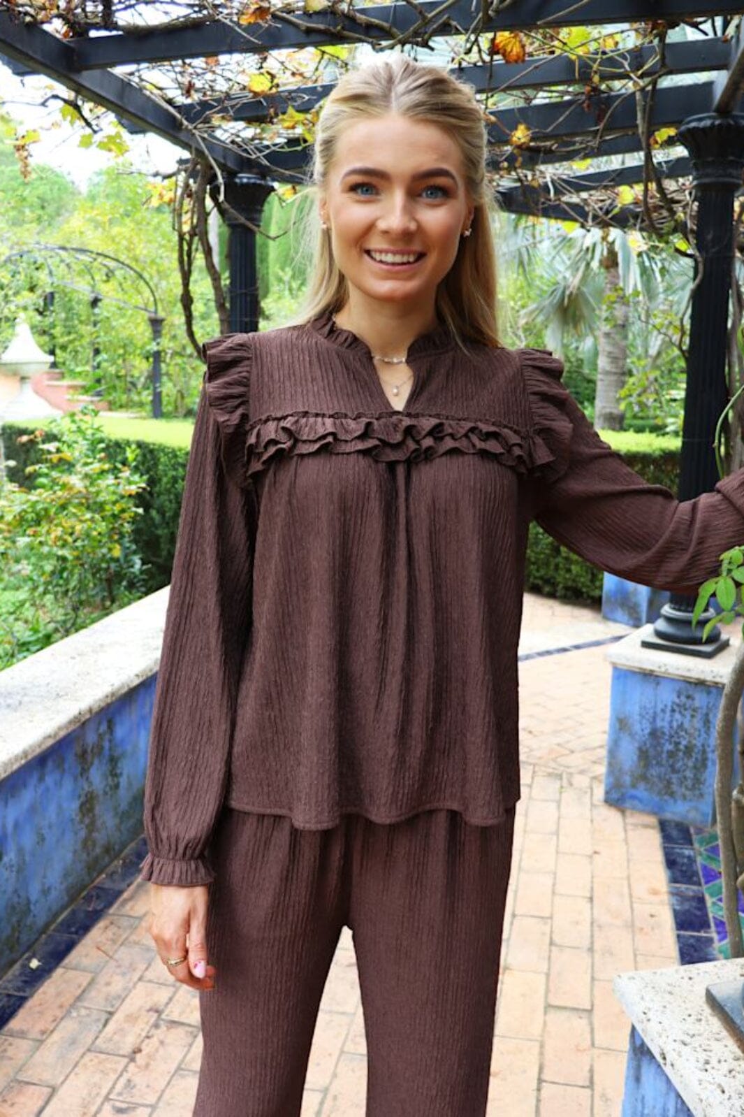 Liberte - Anni Ls Frill Blouse 22348 - Brown Mocca Bluser 