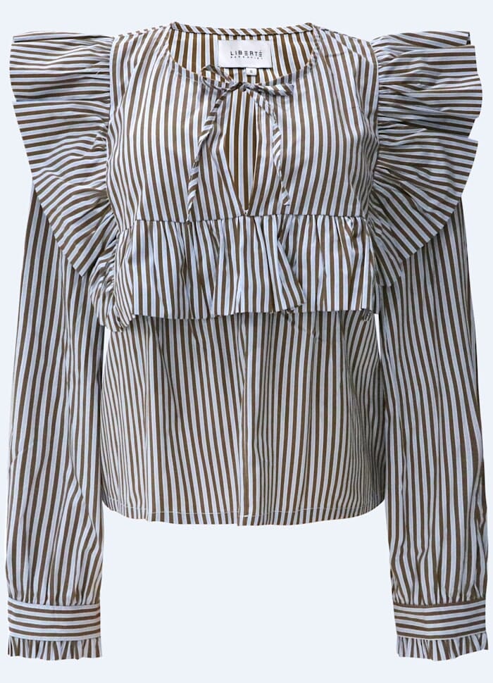 Liberte - Heather-Ls-Tie-Blouse 22165 - Brown Blue Stripe Bluser 