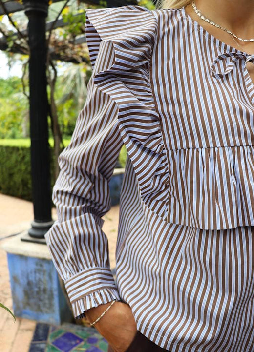 Liberte - Heather-Ls-Tie-Blouse 22165 - Brown Blue Stripe Bluser 