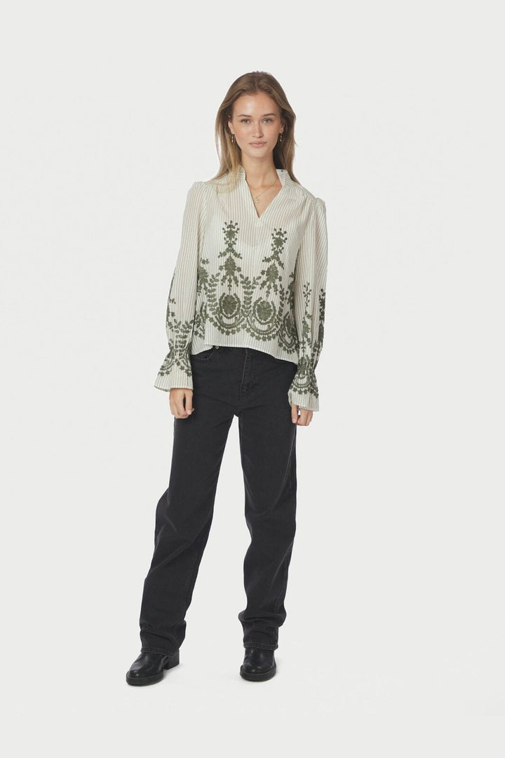 Neo Noir - Amara Stripe Emb Blouse 163363 - 723 - Dusty Green