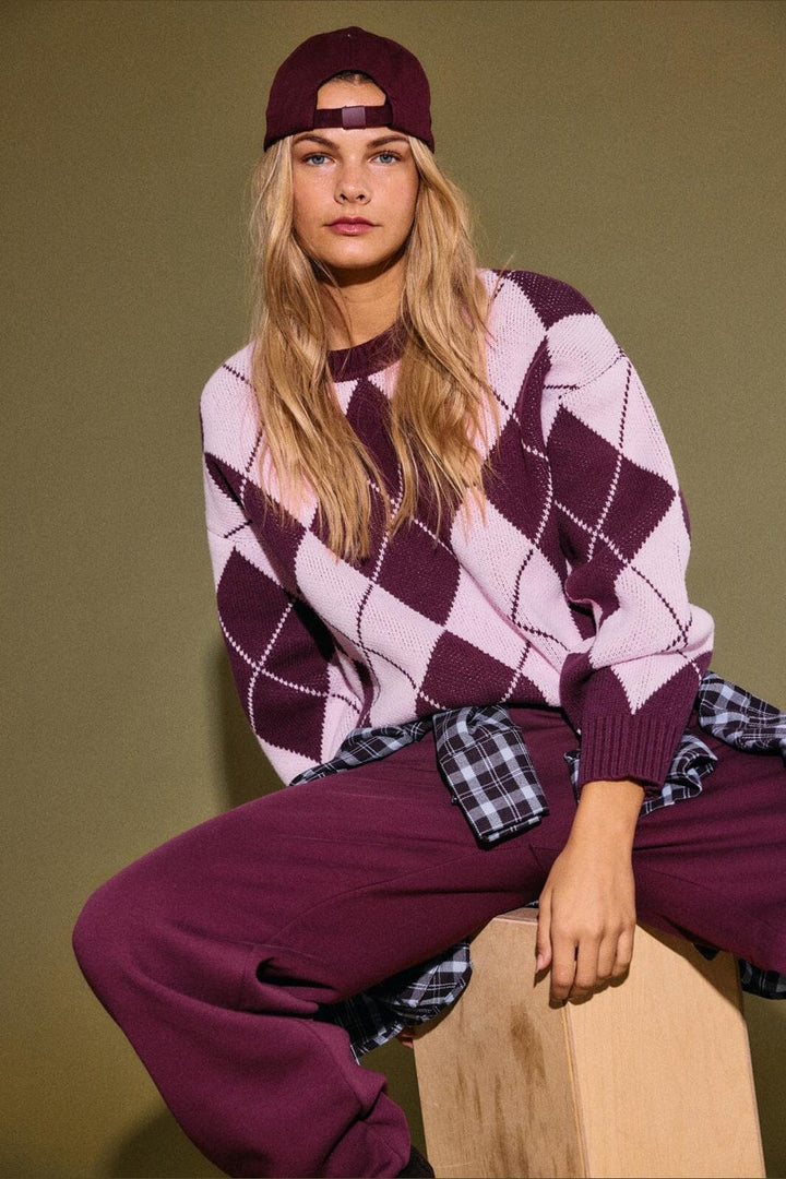 Noisy May - Nmacy L/S O-Neck Argyle Knit - 5033779 Fig Romance Rose