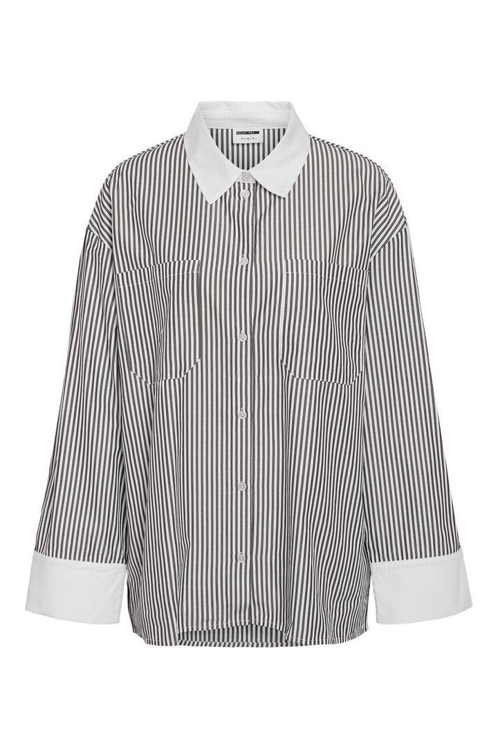 Noisy May - Nmfreja L/S Oversized Plain Shirt - 4842058 Cloud Dancer Black Stripes W. Cloud Dancer Contrast