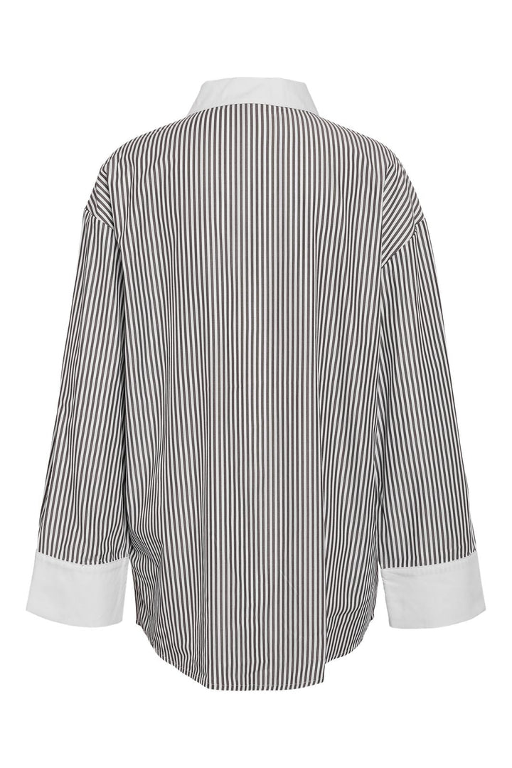 Noisy May - Nmfreja L/S Oversized Plain Shirt - 4842058 Cloud Dancer Black Stripes W. Cloud Dancer Contrast