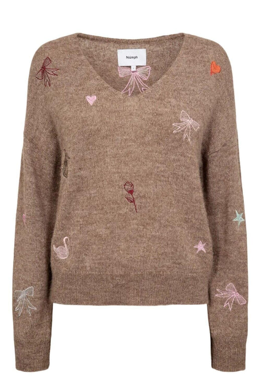 Nümph - Nuyppa Embroidery Pullover 707599 - Taupe Gray Melange Strikbluser 